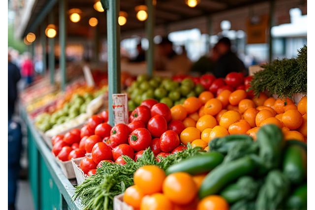 Stand auf einem Bauernmarkt mit frischem Obst und Gemüse