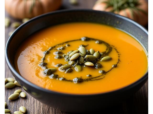 Servierte Kürbiskernsuppe mit Kürbiskernen und Kürbiskernöl