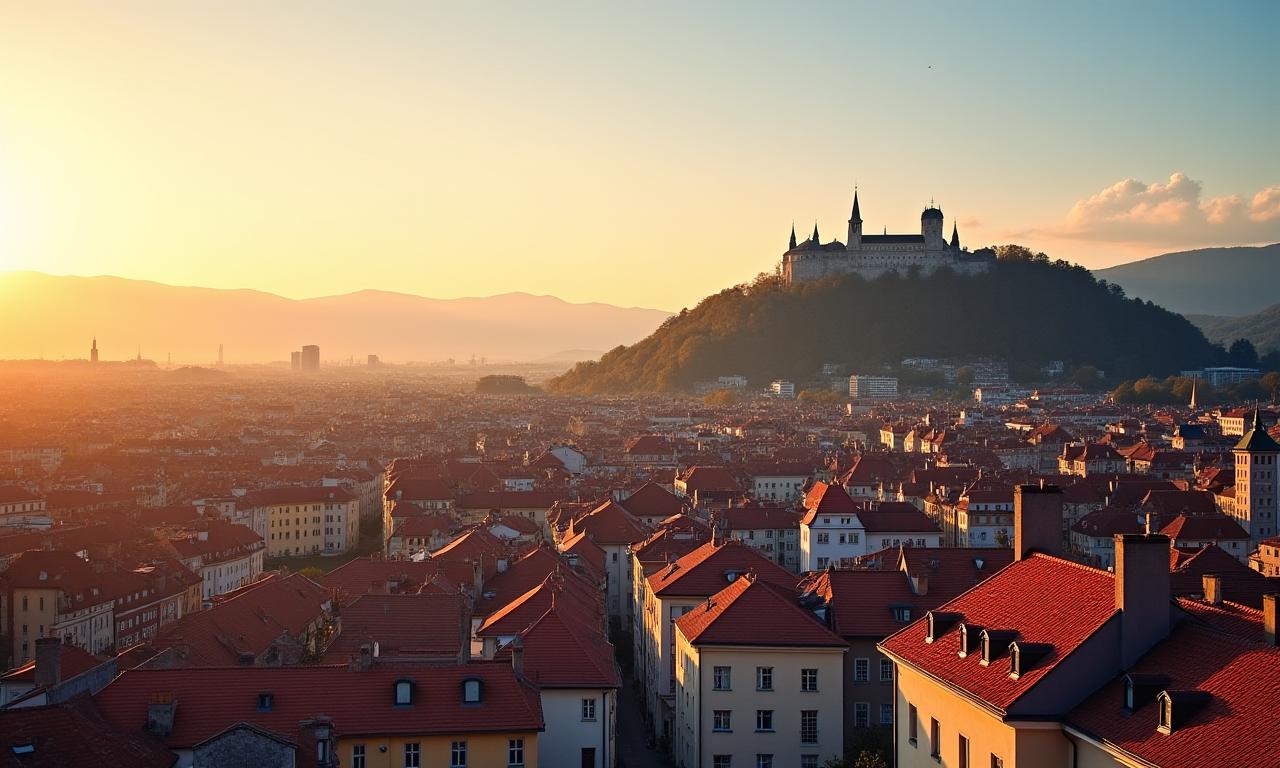 Blick über die Dächer von Graz bei Sonnenuntergang