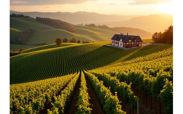 Weinberge an der Südsteirischen Weinstraße bei Sonnenuntergang