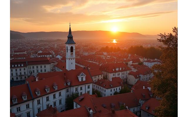 Malerische Dächer von Graz bei Sonnenuntergang